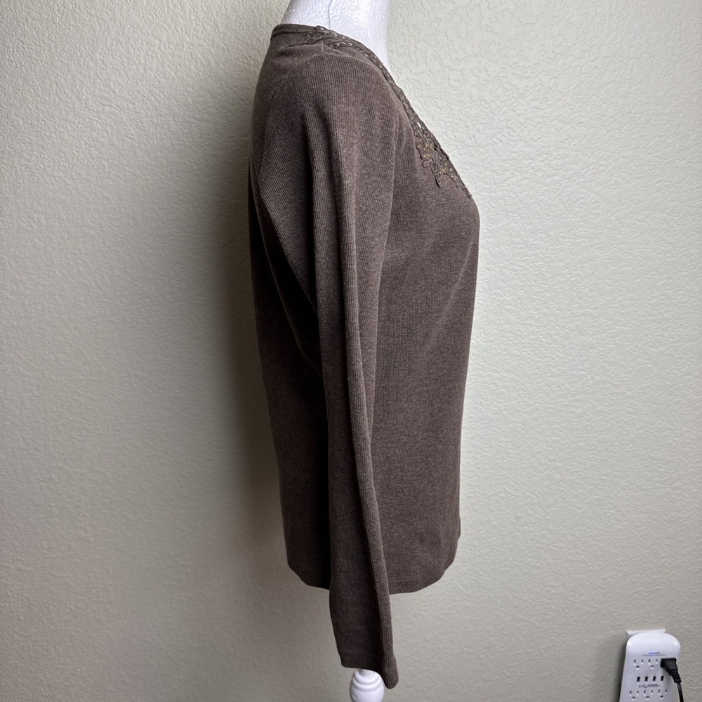 DG2 Diane Gilman Women's Top Brown Ribbed Size S Embellished Long Sleeve * - Picture 3 of 8